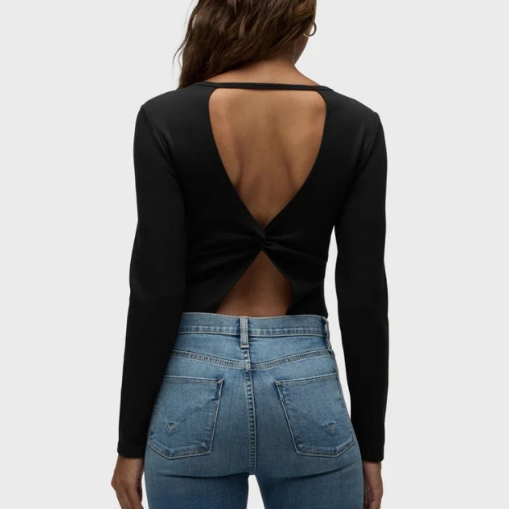 NWT Hudson Jeans Knot Back Bodysuit Ribbed Black Long Sleeve Shirt Top - Size L